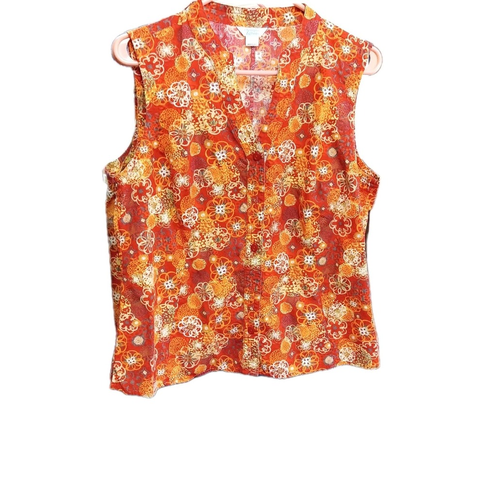Womens Orange Retro  Floral Patterned Sleeveless Bottom Down Top Size Large